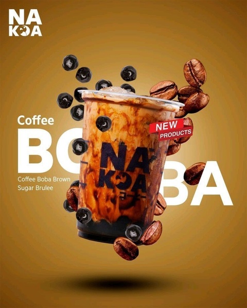 boba coffee, bubble tea, iced coffee drink, boba drink, coffee bubble tea, tapioca coffee drink, new arrival, product launch, minimalist, modern typography, bold, energetic, gold, brown, black